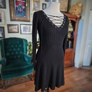 Nina Leonard Black Lace Up V-Neck Ribbed Fit and Flare Sweater Dress XS RN115070